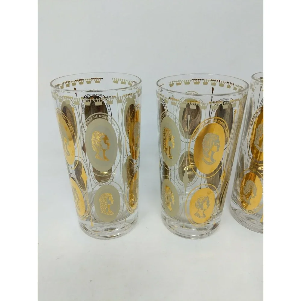 Gold Queen Women Portrait Highball Mid Century MCM Cosmopolitan Bar‎ Glasses VTG